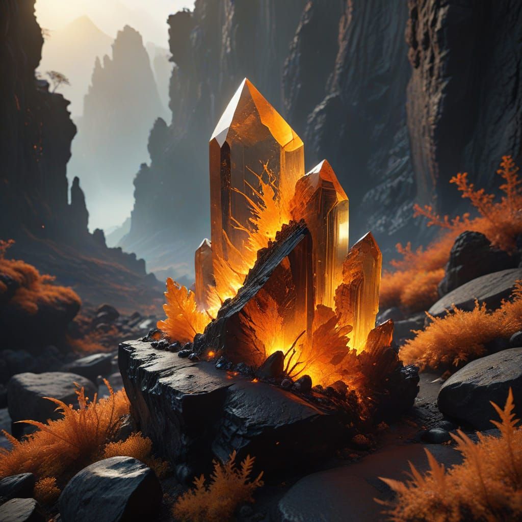 Colossal Amber Crystal Over Volcanic Landscape