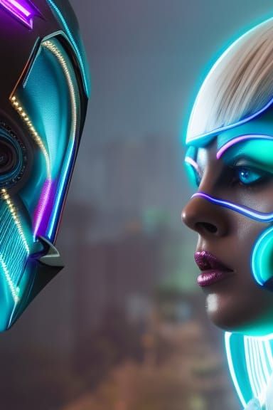 Cyberpunk Woman with Neon Lights, Digital Art