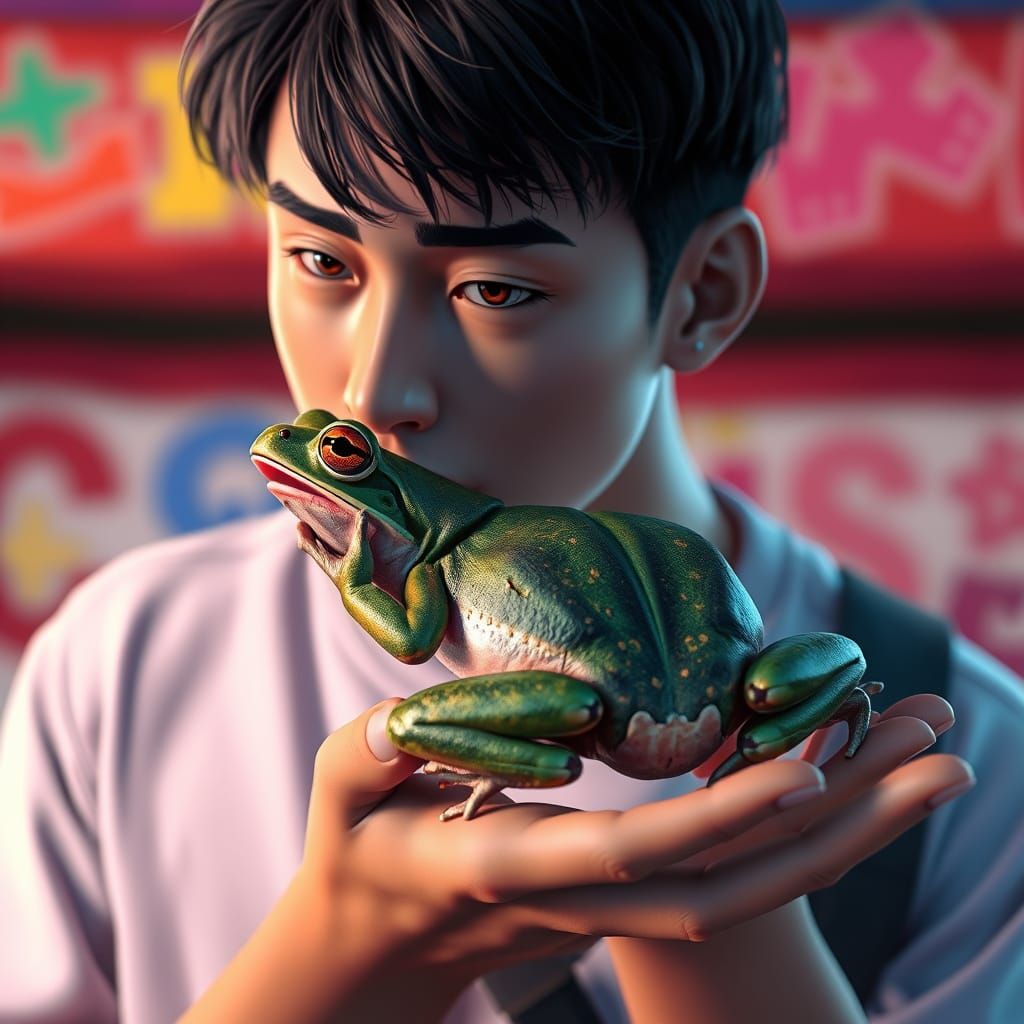 Man Licking Frog Eye Transformation in Anime Style
