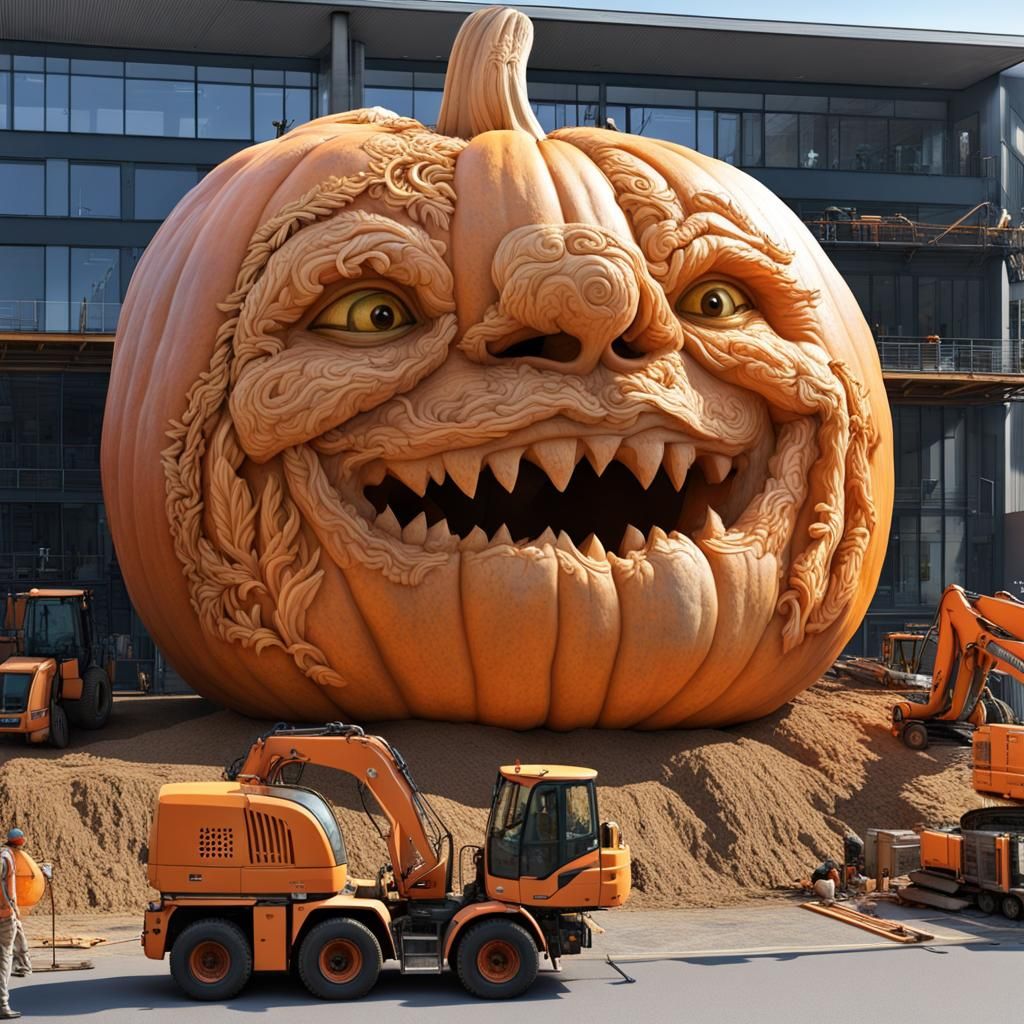 Giant pumpkin on construction site.