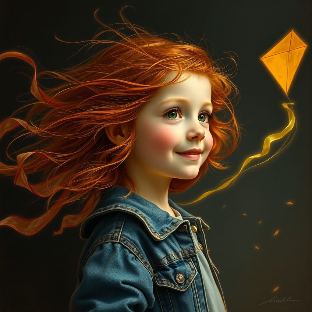 Girl with Kite: Windswept Portrait in Classic Style