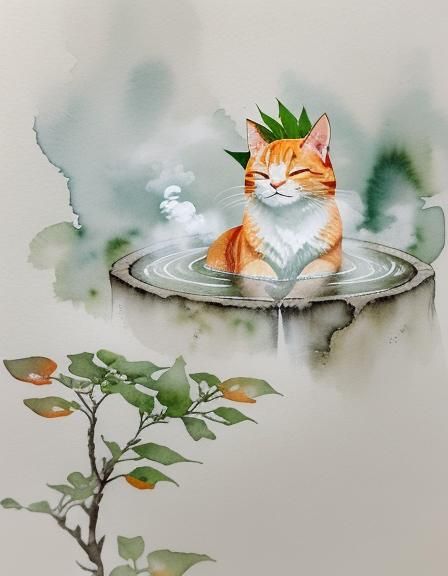Orange Cat's Blissful Hot Spring Moment: Watercolor Art