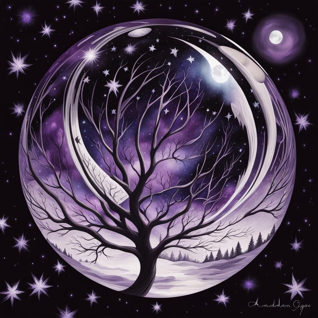 Glass Sphere Tree in Starry Night Liquid Ink Art