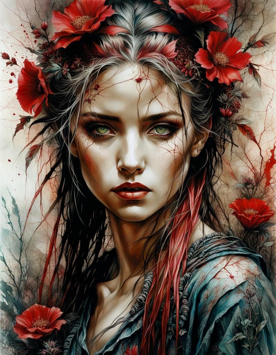 Hyperrealistic Portrait with Cracked Paper and Flowers