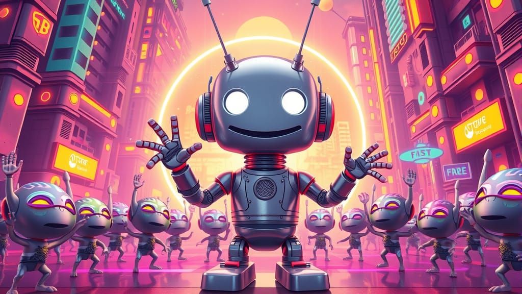 Friendly Robot Emerges from Portal in Neon City