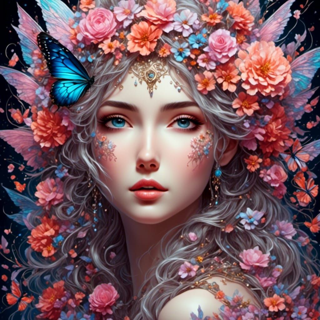 Beautiful Floral Woman: Ink and Pencil Portrait