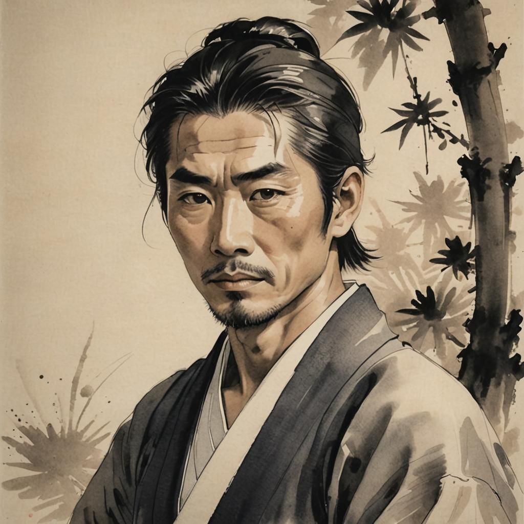 Portrait of a handsome japanese man, sumi-e style
