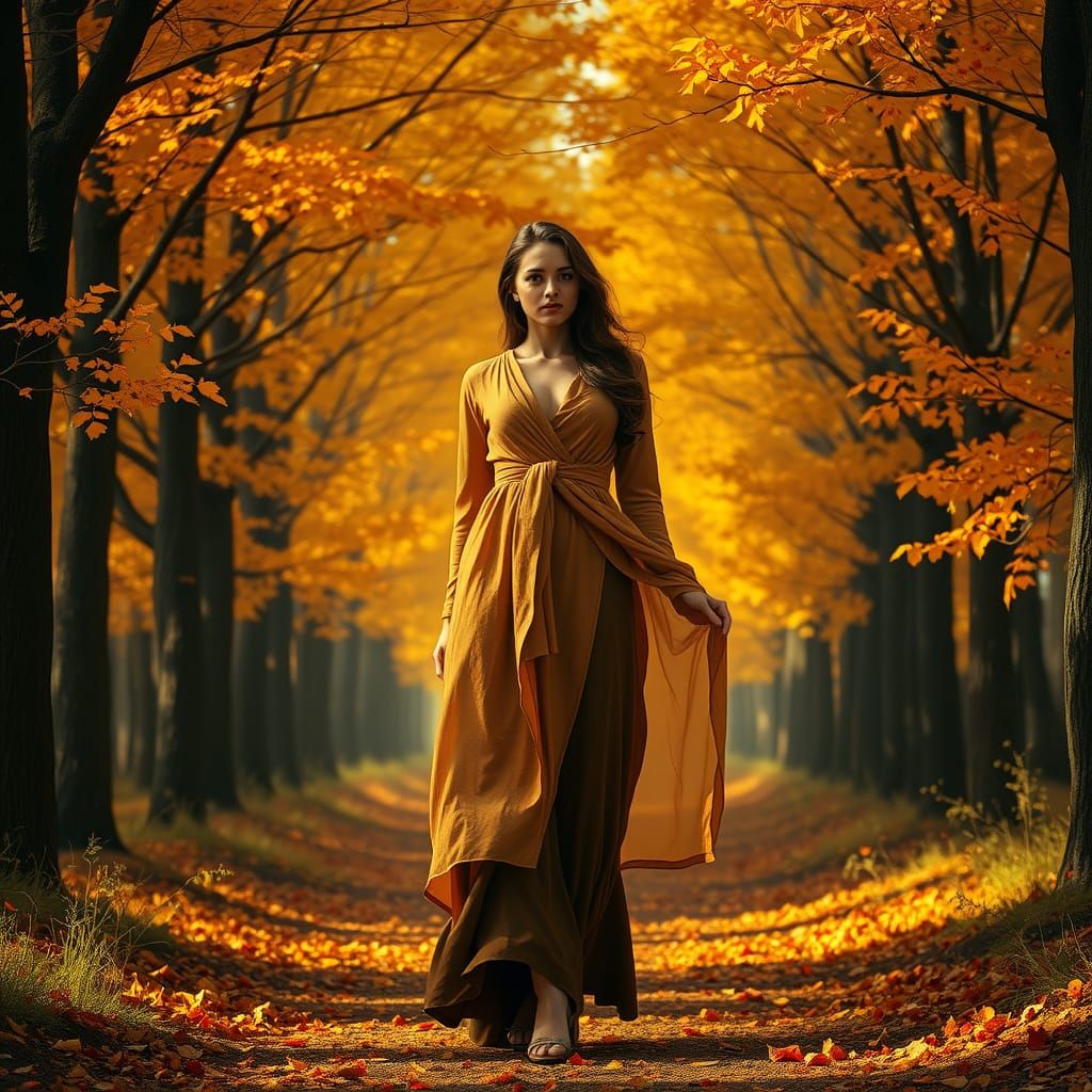 Elegant Woman in Autumn Forest: Romantic Realism