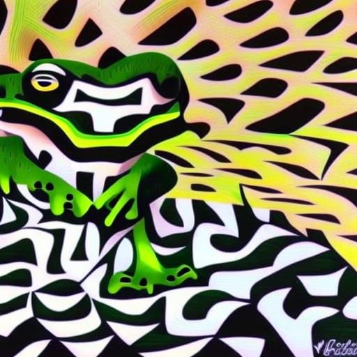Green Frog in Escher-Style Woodcut Pattern