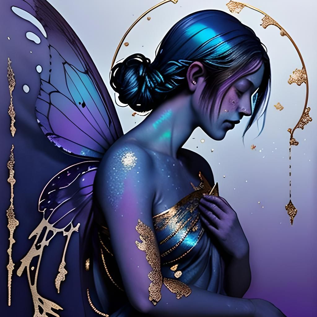 Ethereal Indigo Fairy Silhouette with Gold Accents