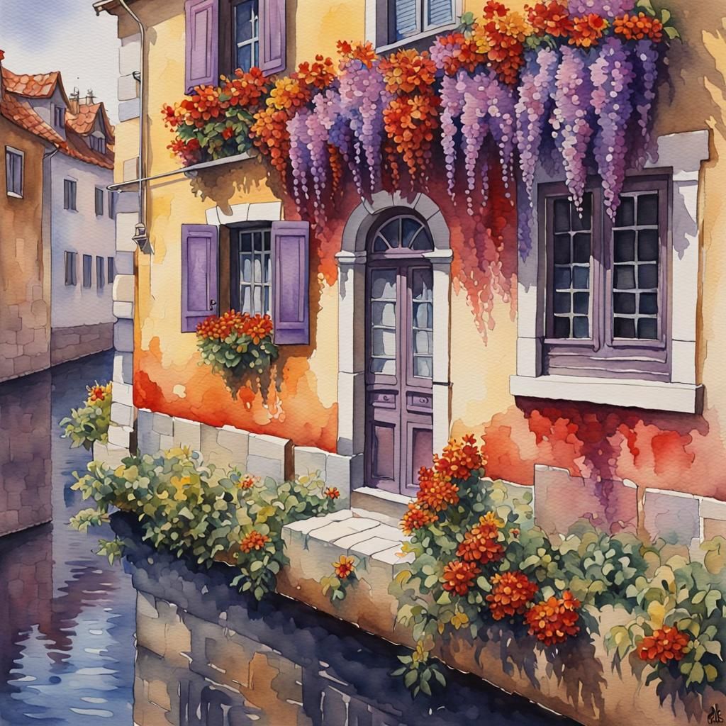 Watercolor Painting of European Streets with Flowers