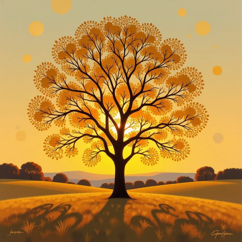 Golden Tree in Serene Landscape, Neo-Expressionist Style