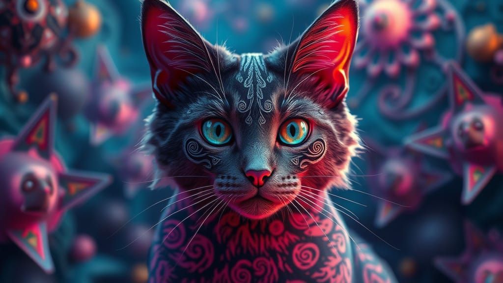 Gothic Whirlwind: Vibrant 3D Spriograph Cat in Impasto Style