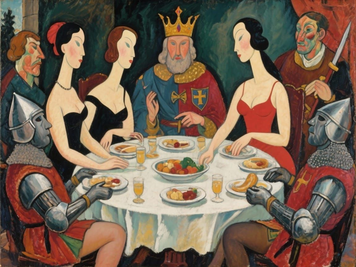Arthurian Knights Served at Round Table in Vintage Pin-Up St...