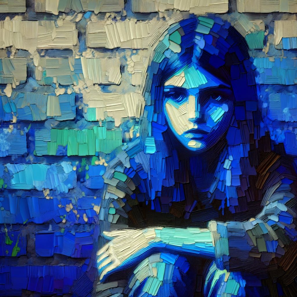Girl with Blue Skin on Blue Wall in Expressionist Style