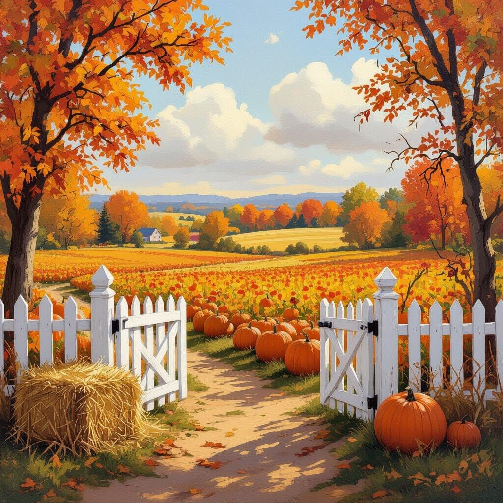 Autumn Pumpkin Patch with Picket Fence and Haybales