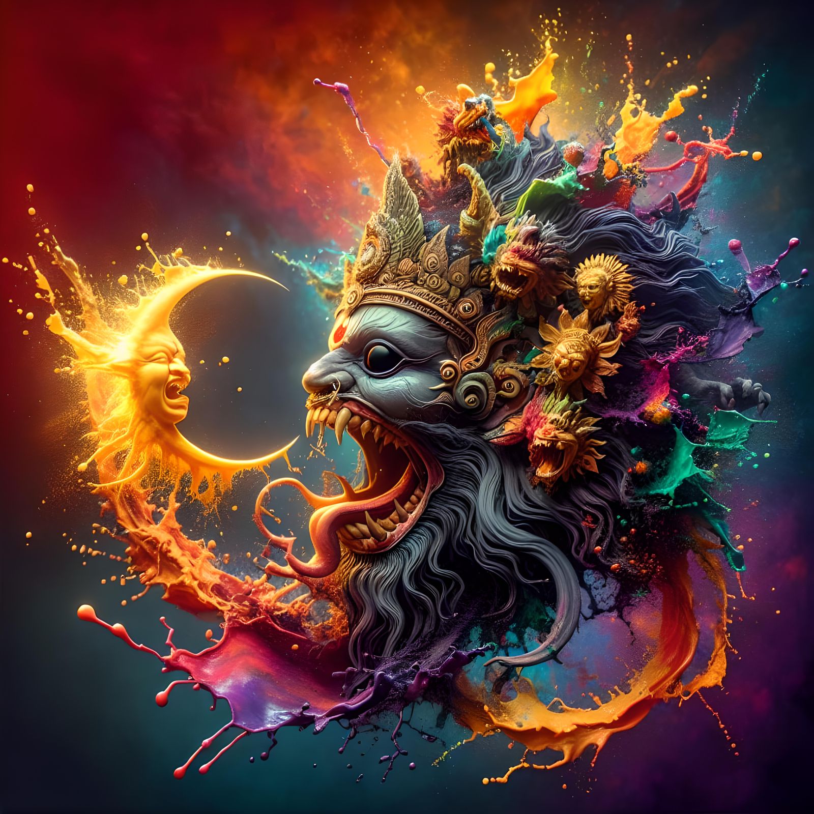 Rahu Devouring the Sun in Splash Art Style