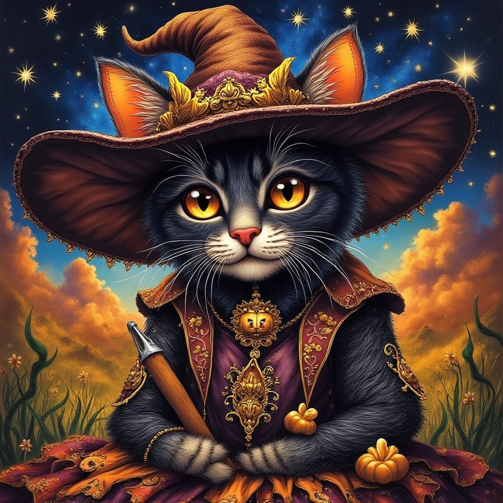 Whimsical Cat Witch in Enchanted Halloween Wonderland