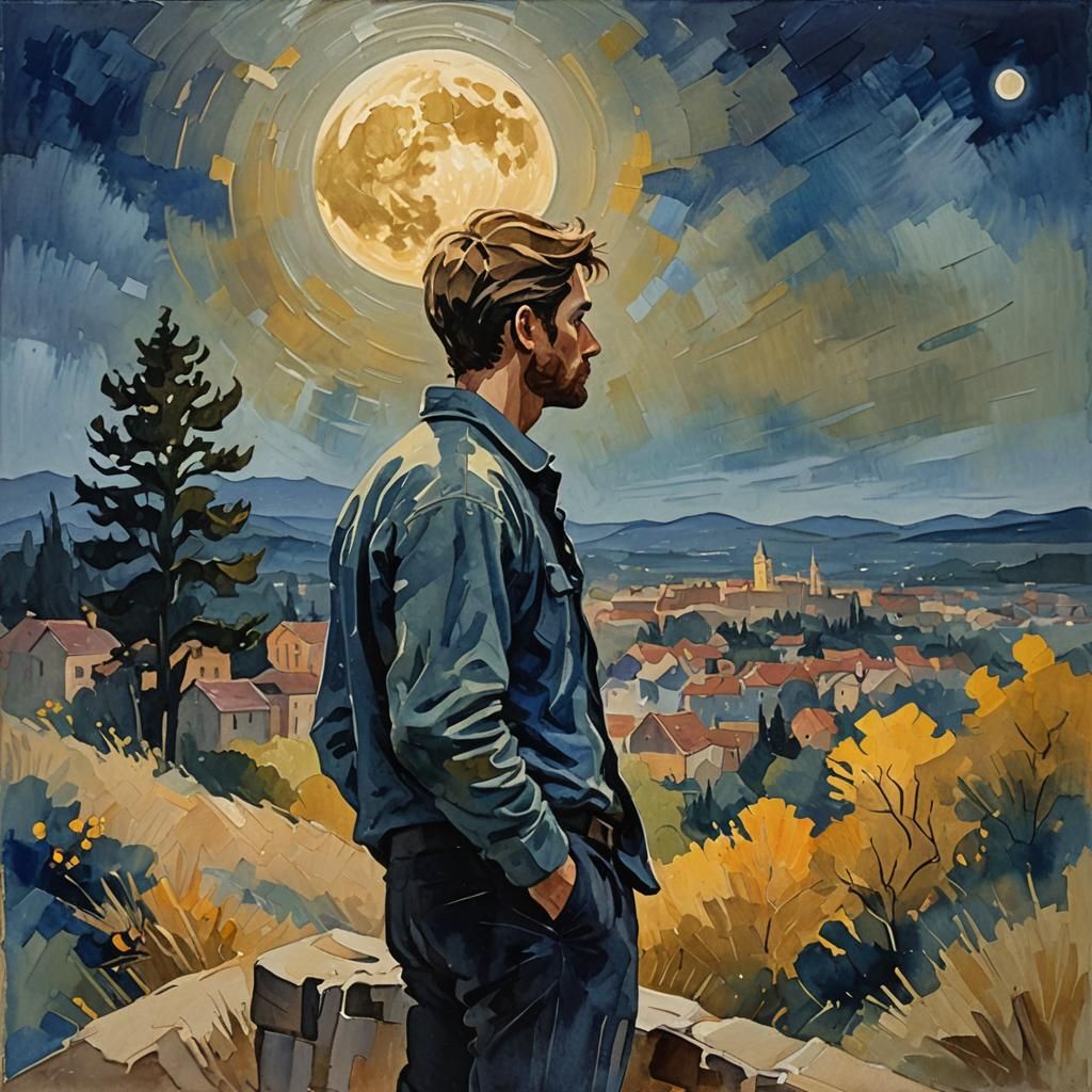 Contemplative Figure Under Moonlight: An Impressionist Paint...