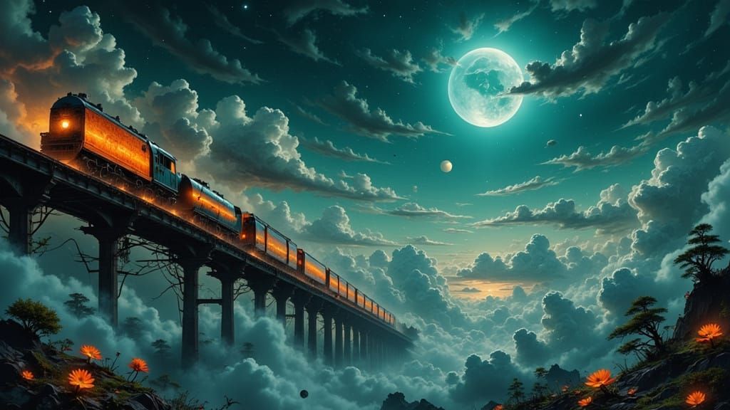 Futuristic Night Train in Foggy Landscape, Starry Sky
