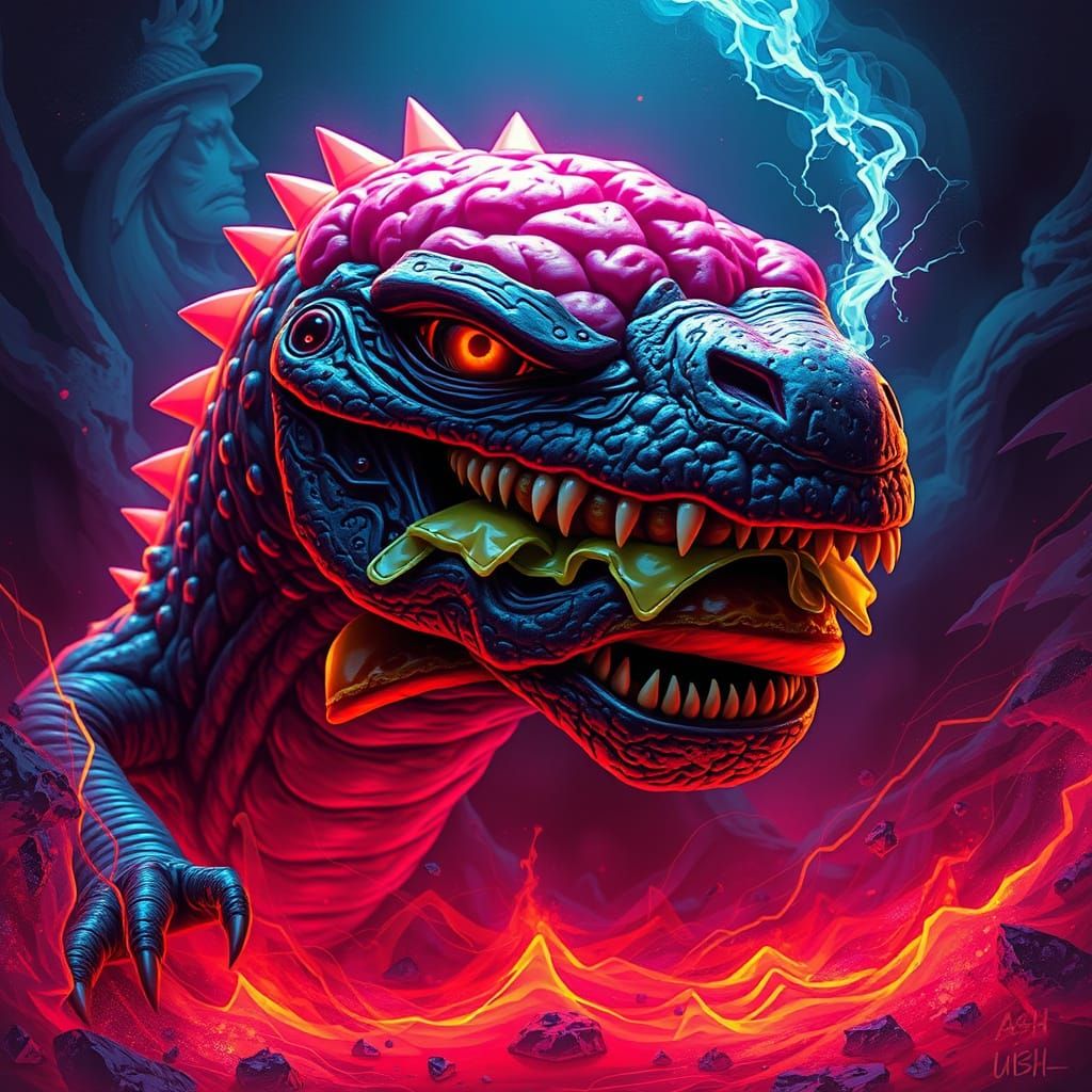 Burger Brain Crocodile in Neon Cyberpunk Style