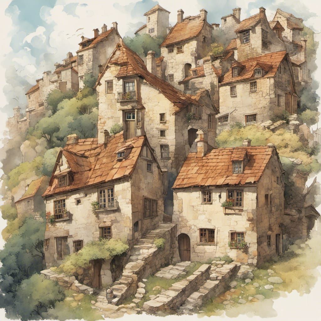 Medieval City Village in Gouache Watercolor Style