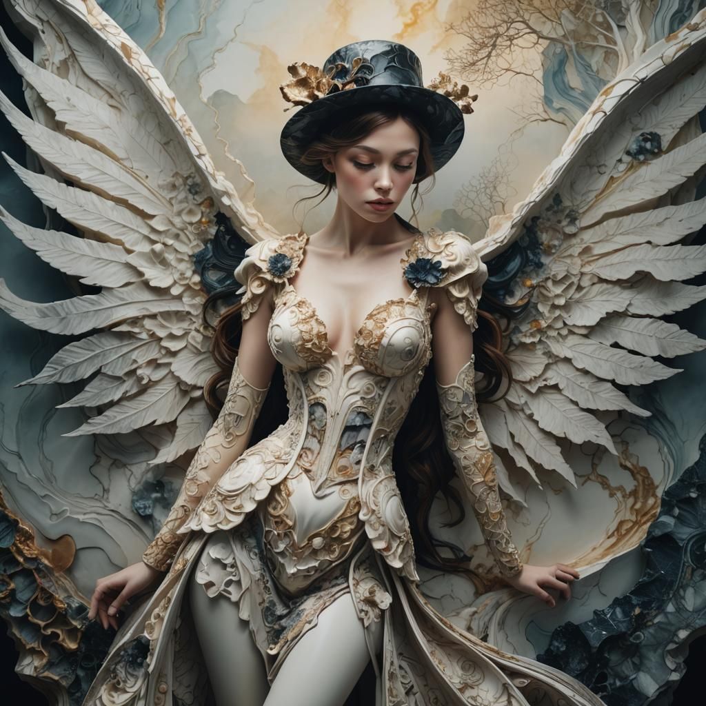 Surreal Girl in Marble Hat, Contrasting Colors