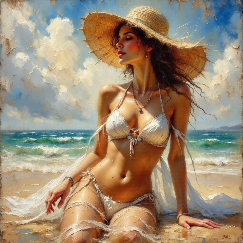 Beautiful Woman on Beach in Hyperrealistic Oil Painting