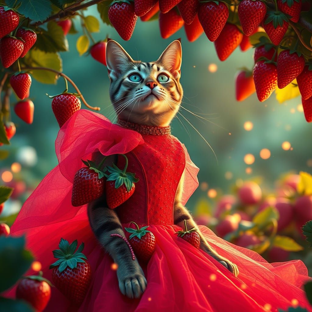 Whimsical Cat in Strawberry Garden Finery