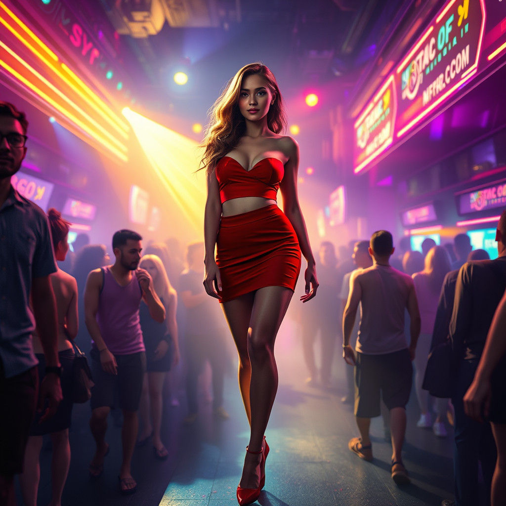 Radiant Woman in Red at Vibrant Nightclub