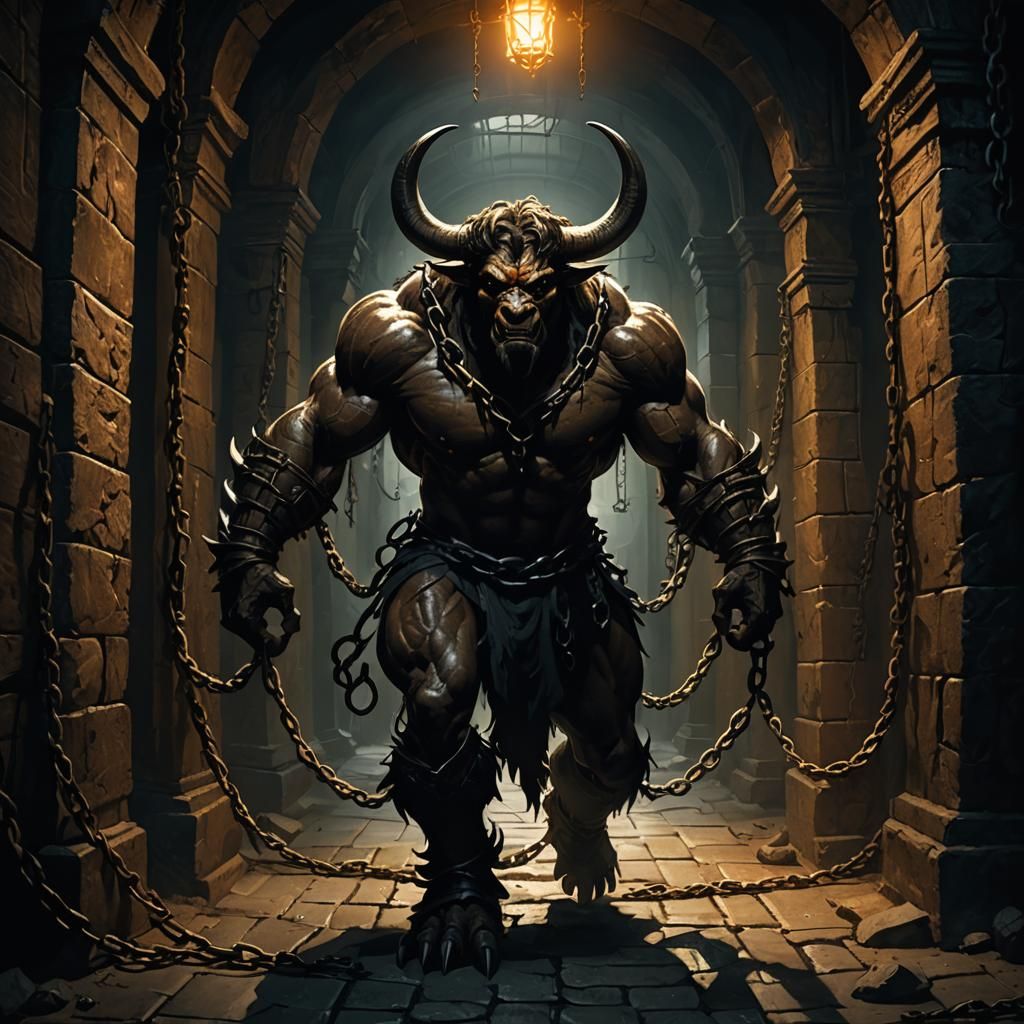Minotaur Restrained in Dark Fantasy Hispano-Fauvist Style