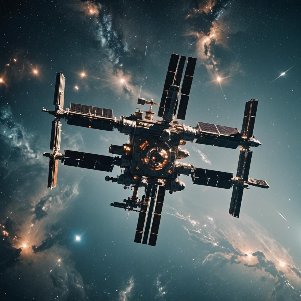 Blue Space Station in Film Still Style