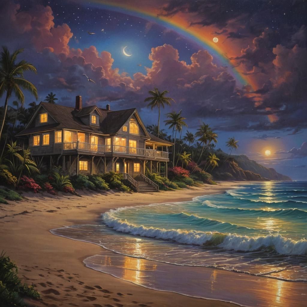 Hawaiian Beach House Nocturne in Oil Painting Style
