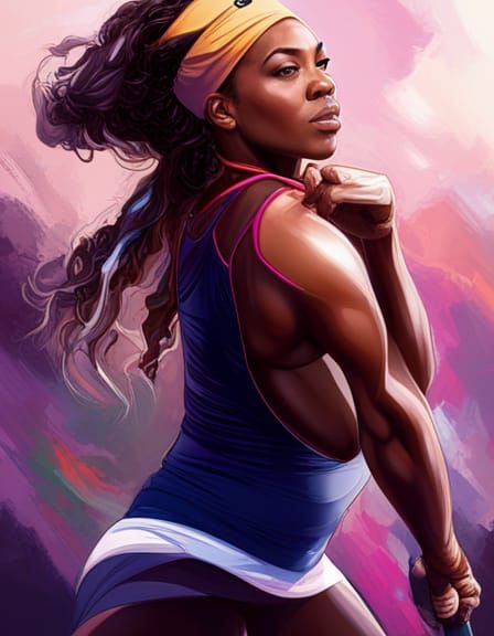 Serena William playing tennis Hyperrealistic, splash art, concept art, mid shot, intricately detailed, color depth, dram...