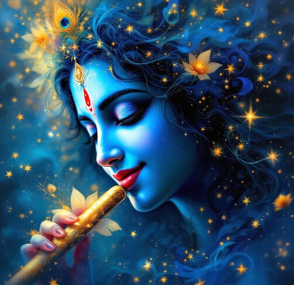 Krishna's Ethereal Portrait in Impasto Florals