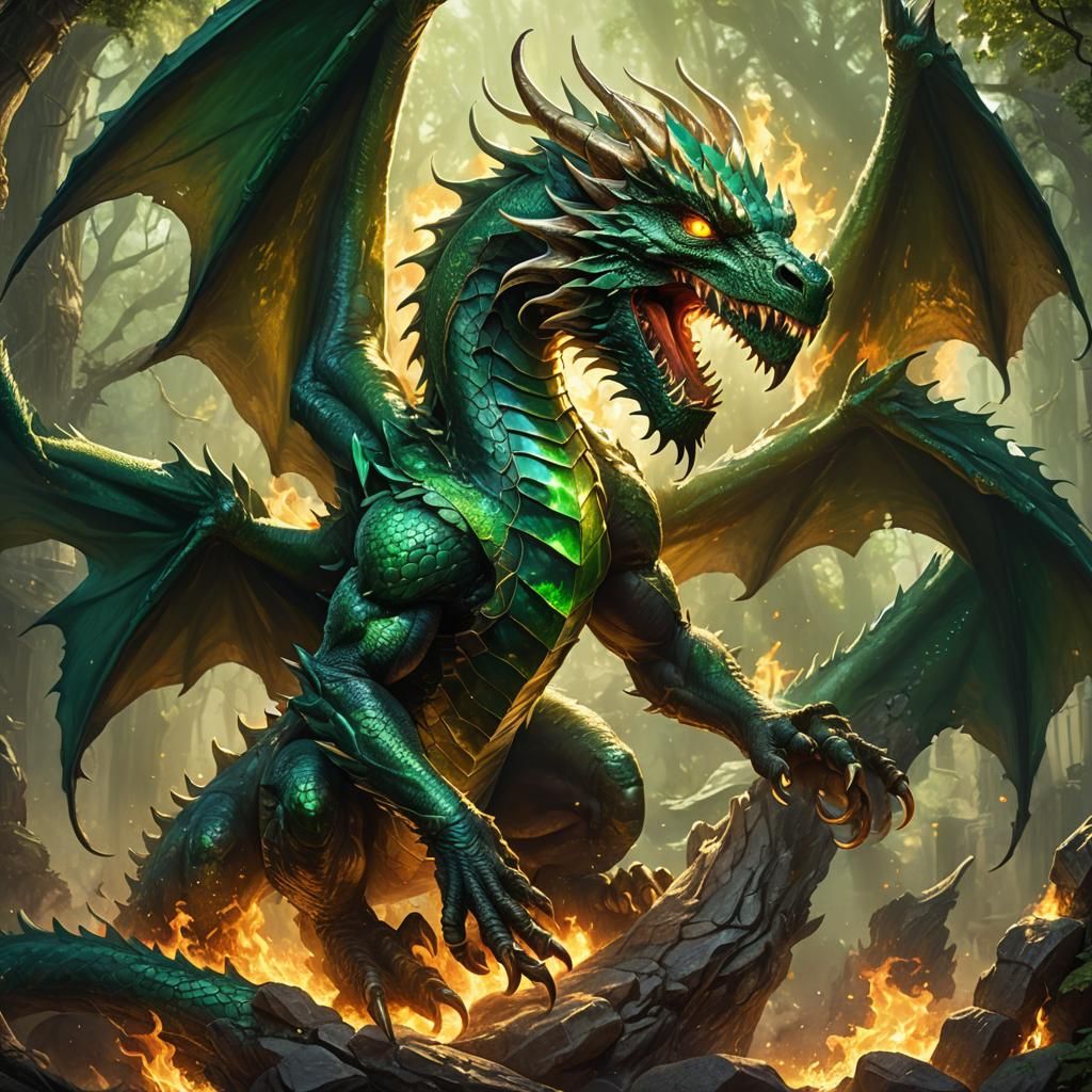 Emerald Dragon of Ancient Wisdom, Fantasy Art