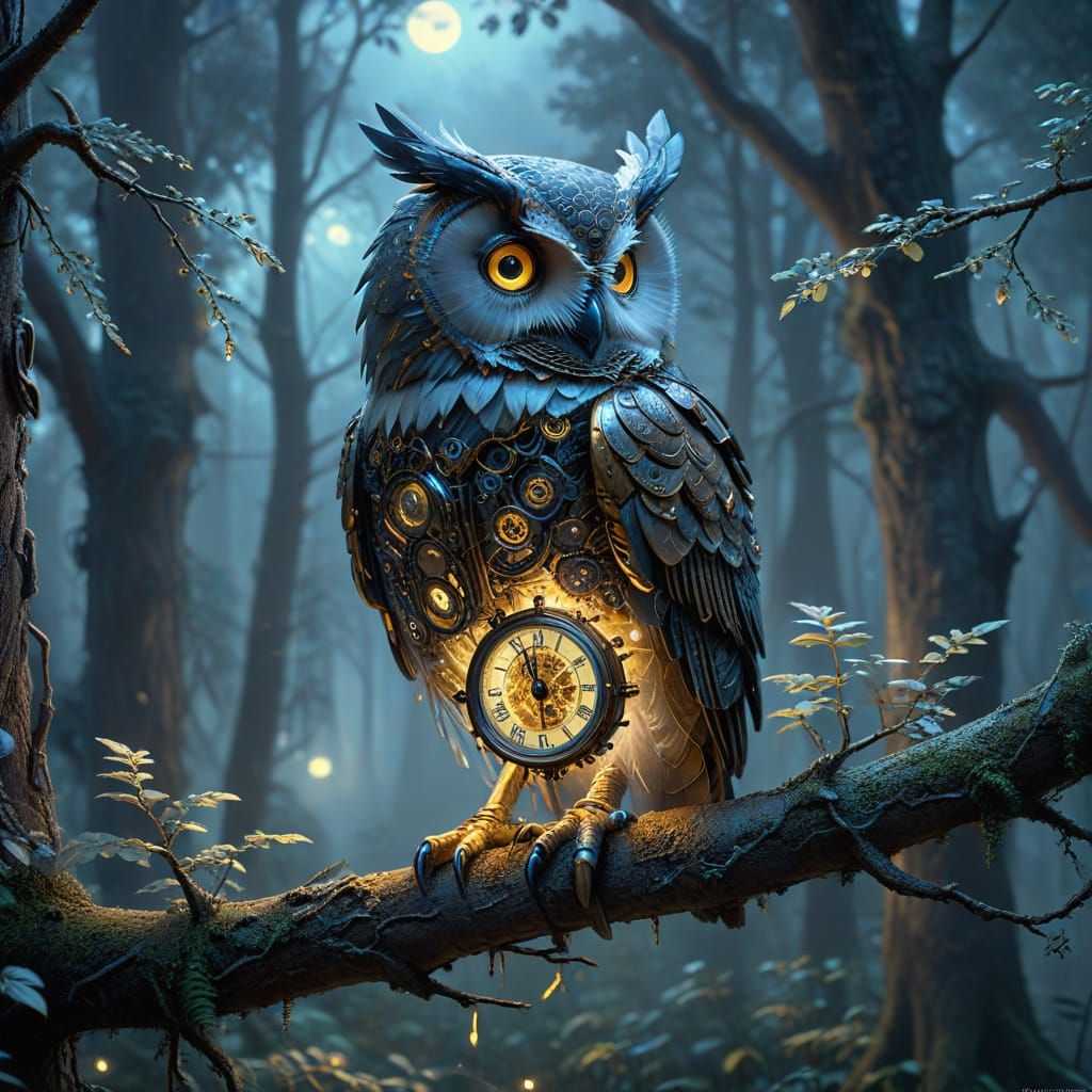 Clockwork Owl on Ancient Branch in Ethereal Forest