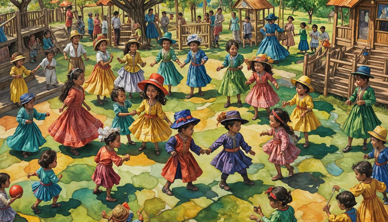 Colorful Alcohol Ink Illustration: Children on Playground
