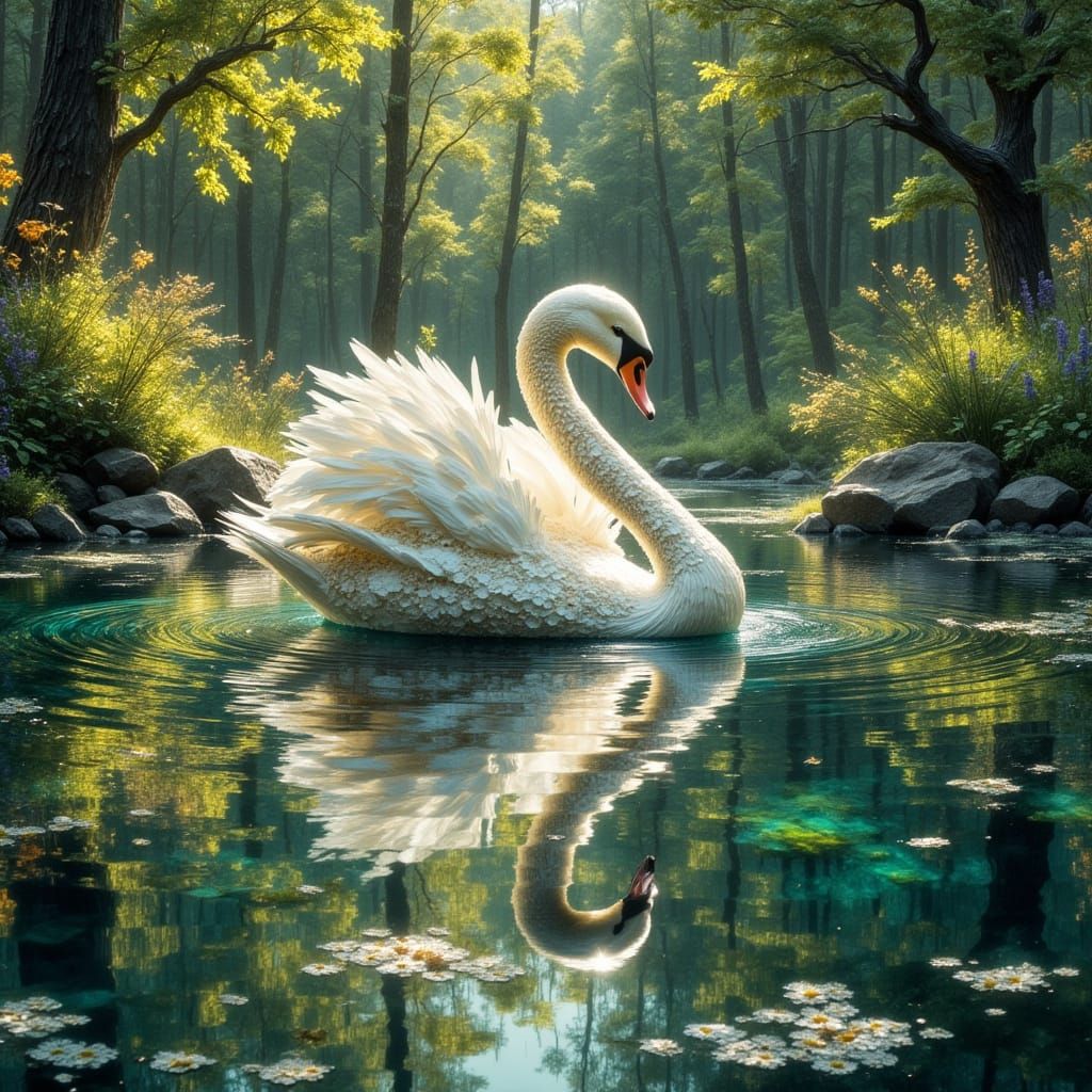 Elegant Swan on Mirror Lake in Art Nouveau Style
