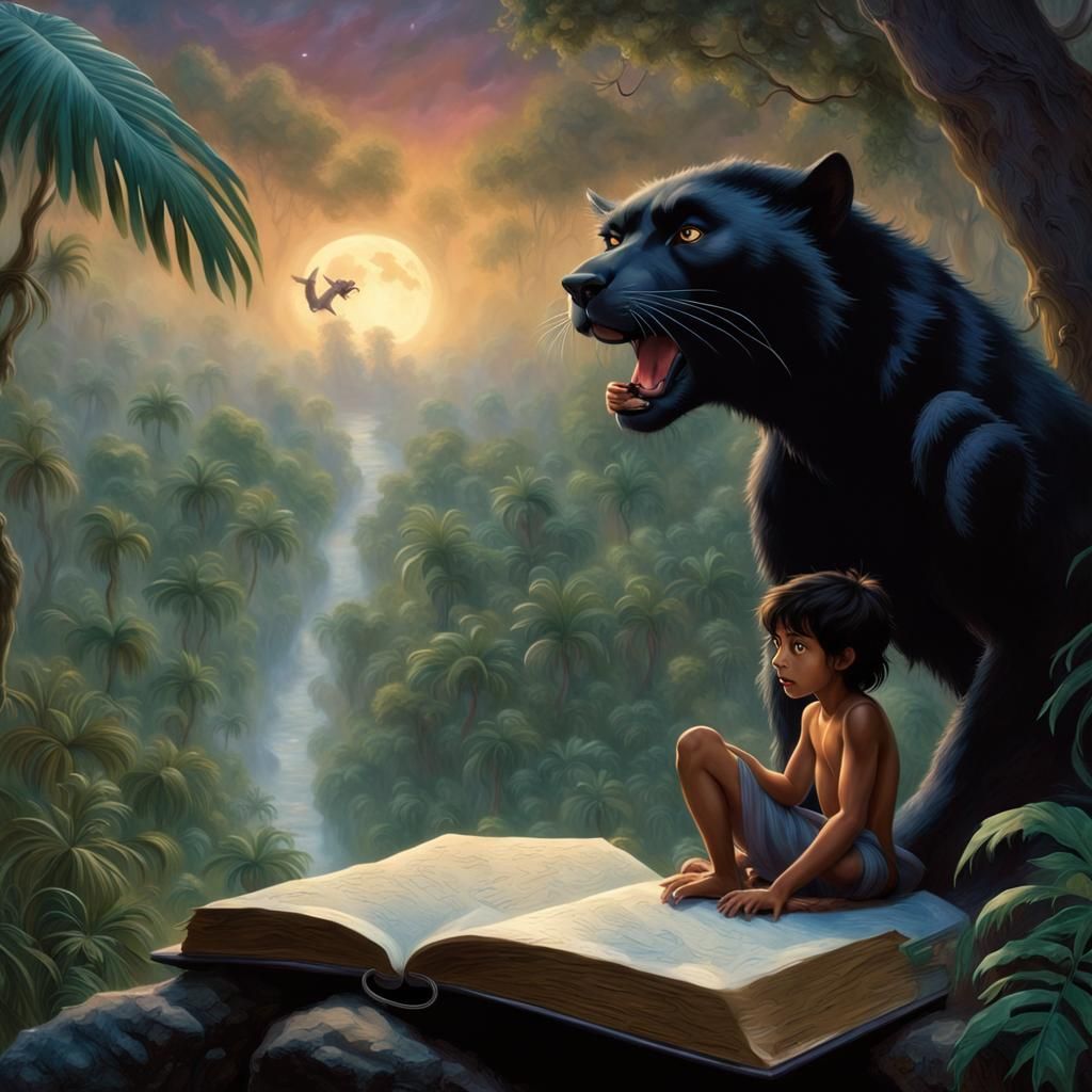 Mowgli and Bagheera from junglebook climb out of an open thick book. background jungle, dense fog, night, moonlight, pho...
