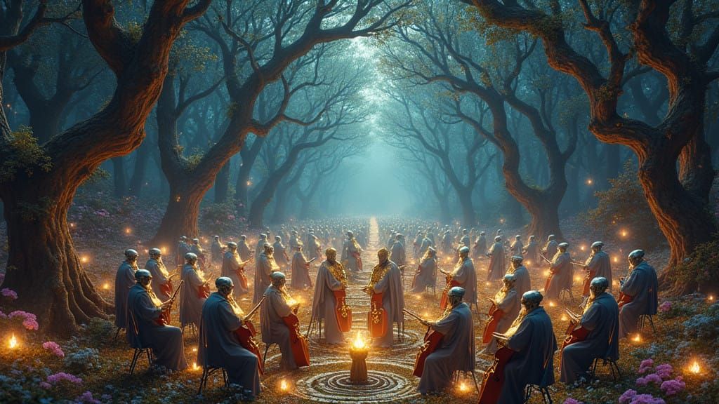 Majestic Orchestra in Golden Ratio Harmony, set in Enchanted...