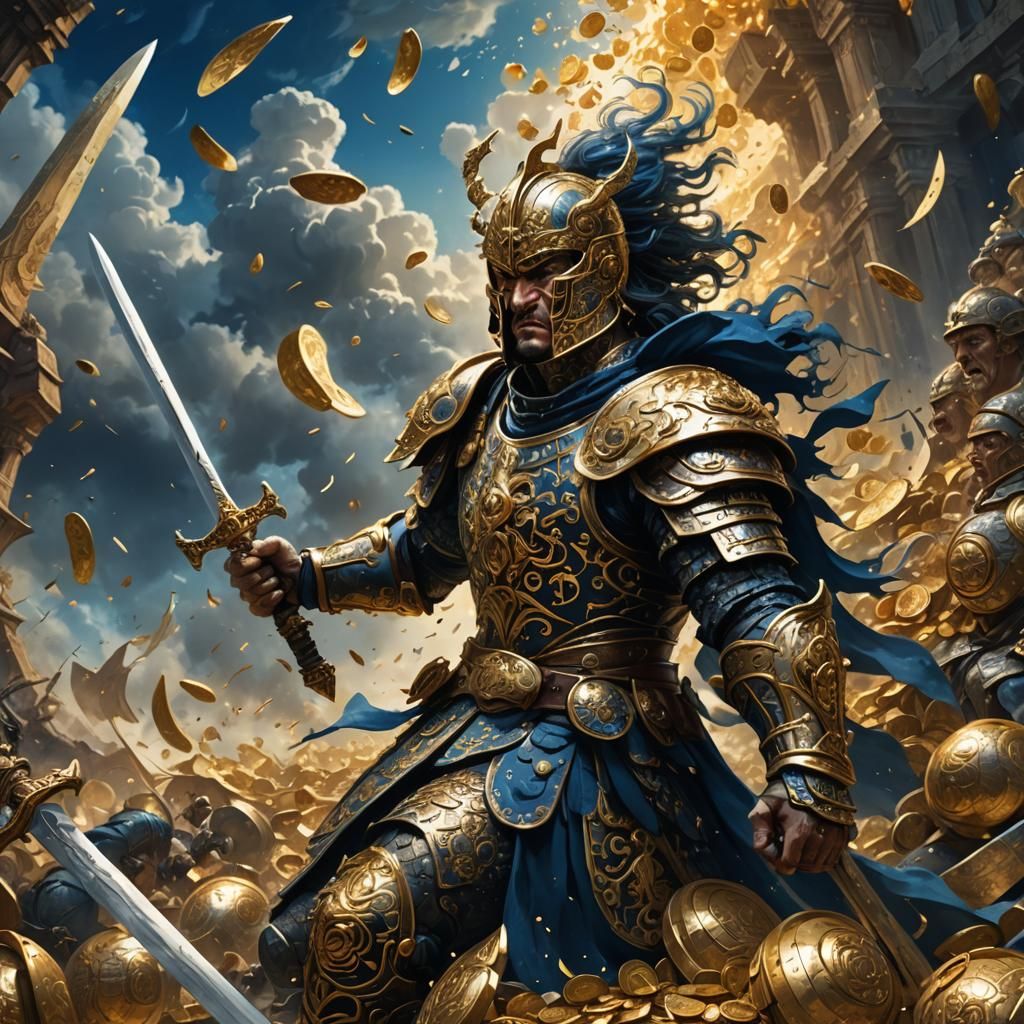 Angry Warrior with Sword Amidst Treasure