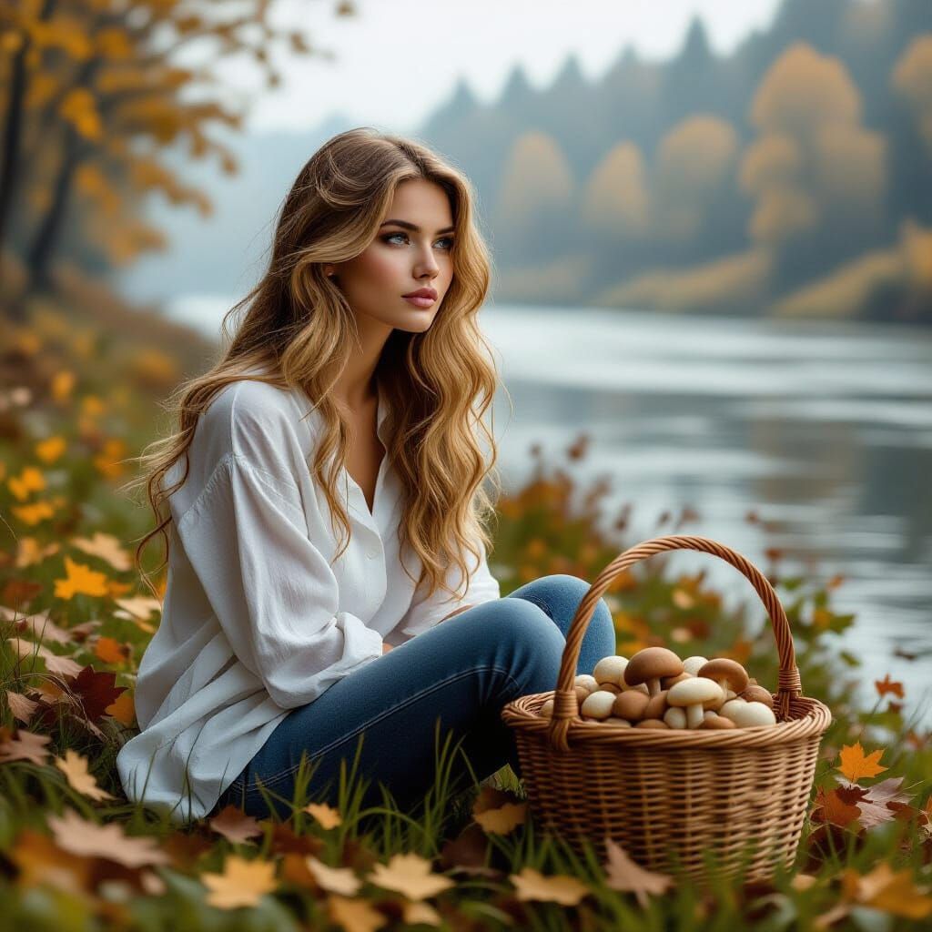 Woman in Autumn Landscape, Photorealistic Style