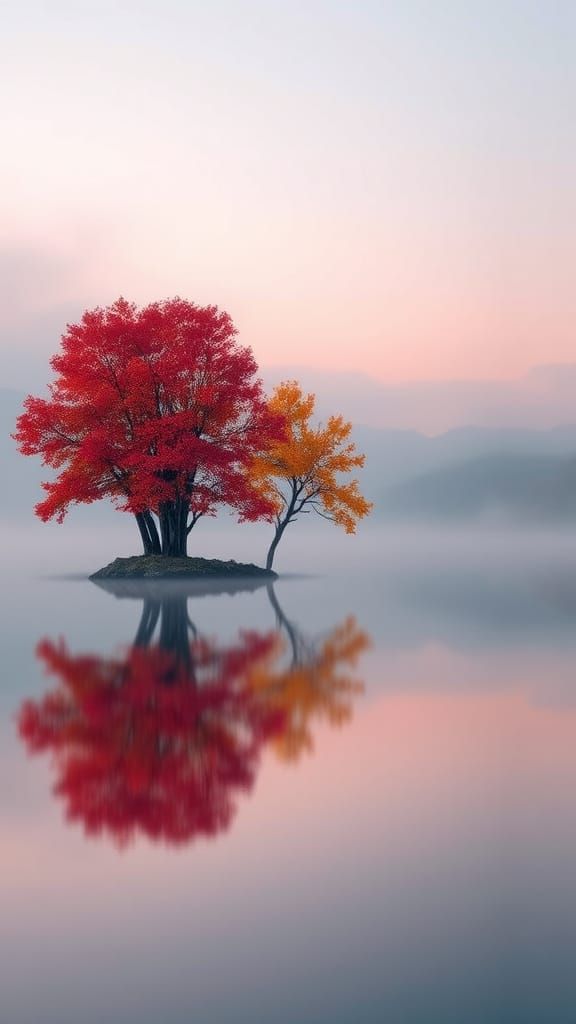 Autumn Trees Reflected in Twilight Lake