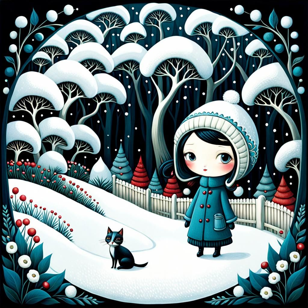 Girl in Winter Garden, Art Brut Style