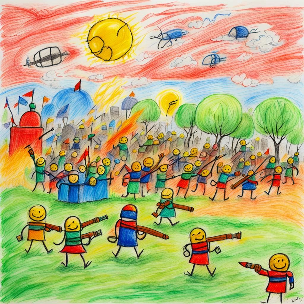 Child's Vivid Crayon Drawing of War on Sunny Day