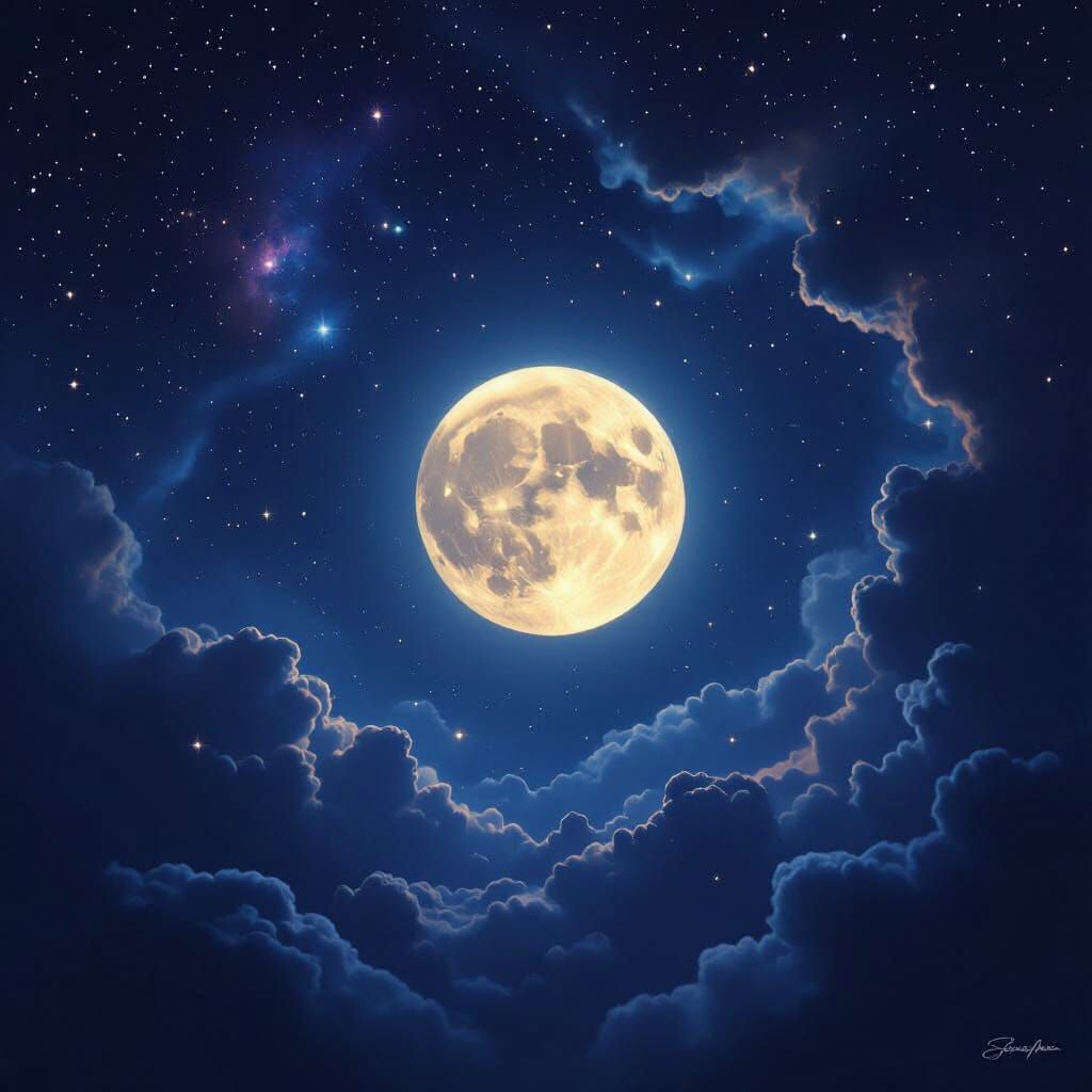 Luminous Moonlit Night Sky with Stars and Nebulae