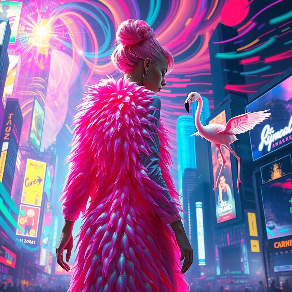 Kaleidoscope, cyberpunk, woman, flamingo