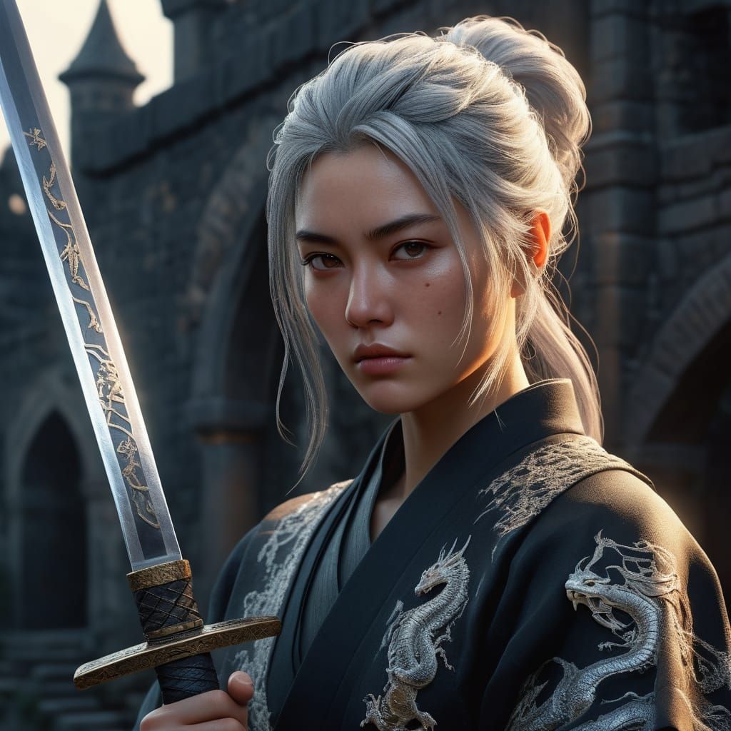 Elegant European Samurai with Crystal Katana in Sunset Glow