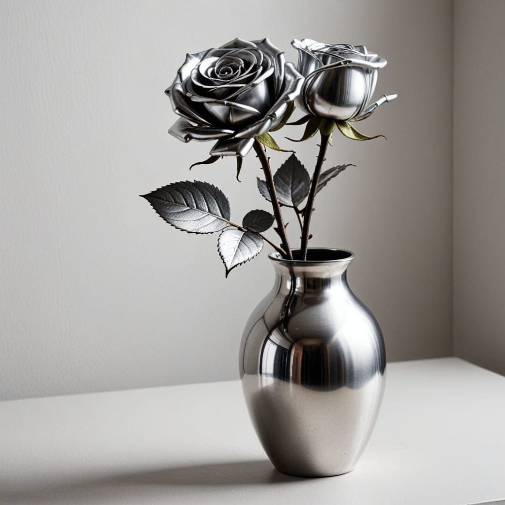 A Futuristic Steel Rose in a Metallic Vase